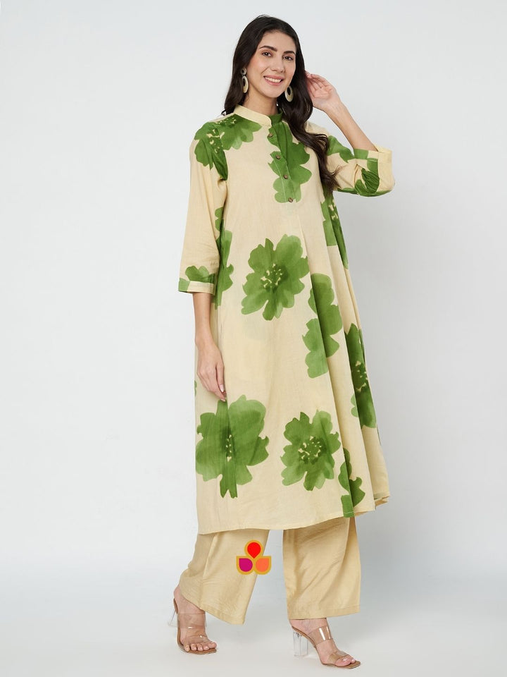 anokherang Combos Pear Floral Creamy Beige A-Line Kurti with Straight Palazzo