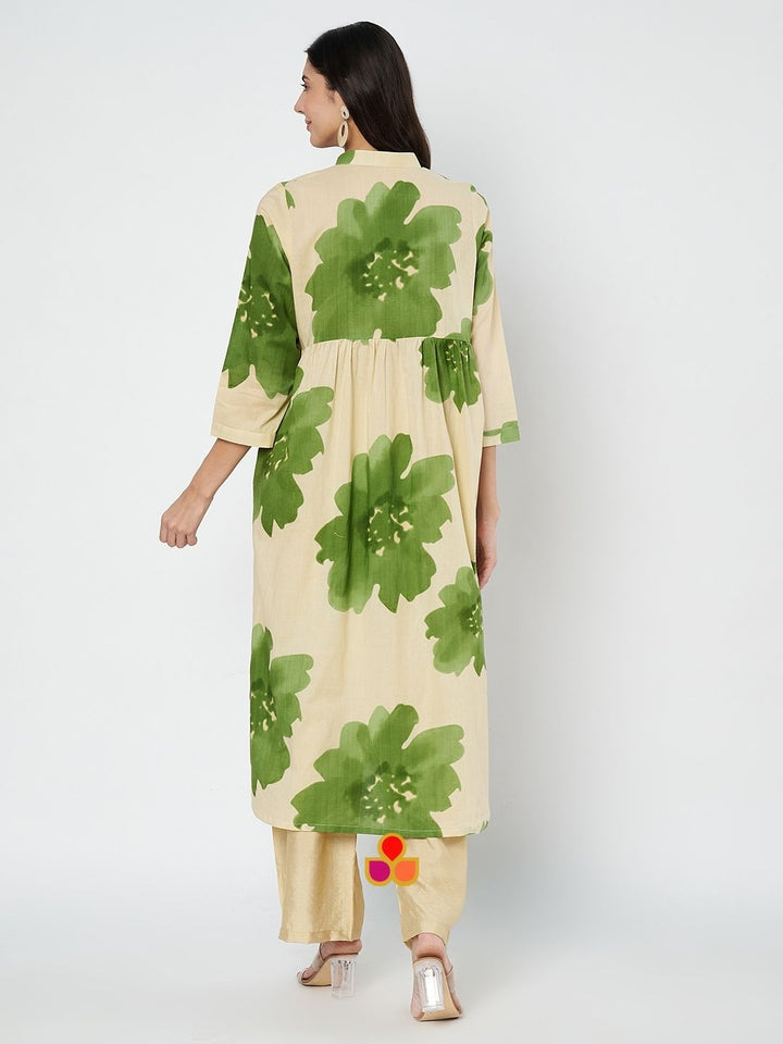 anokherang Combos Pear Floral Creamy Beige A-Line Kurti with Straight Palazzo