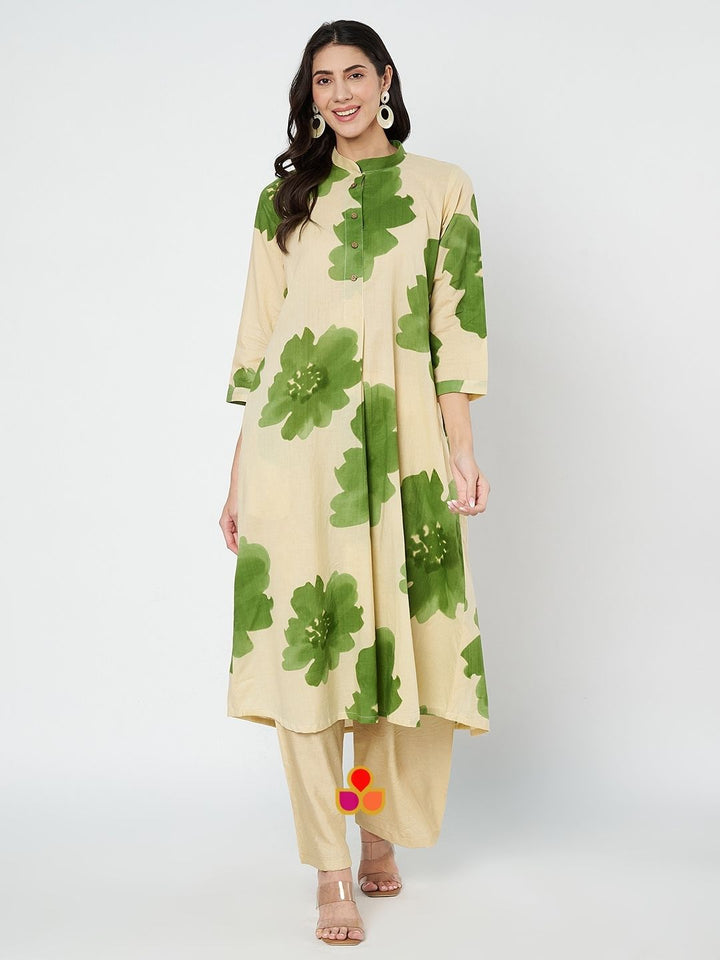 anokherang Combos Pear Floral Creamy Beige A-Line Kurti with Straight Palazzo