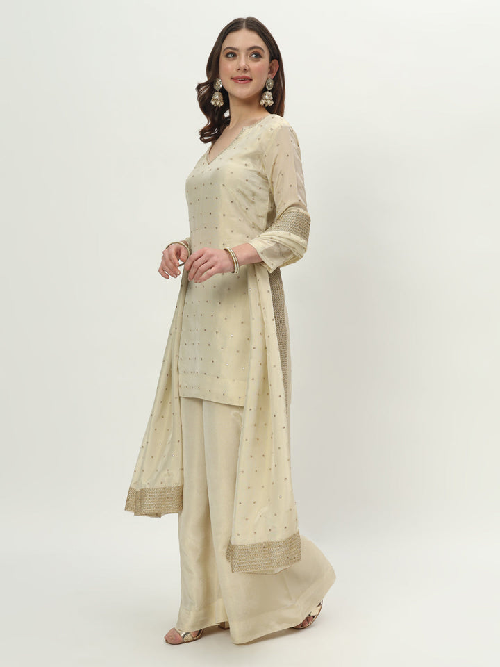 anokherang Combos Pearl Essence Kurti with Flared Palazzo and Embroidered Dupatta