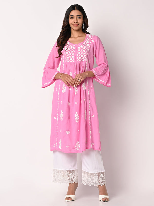 anokherang Combos Pink Anarkali Chikankari Kurti with Palazzo