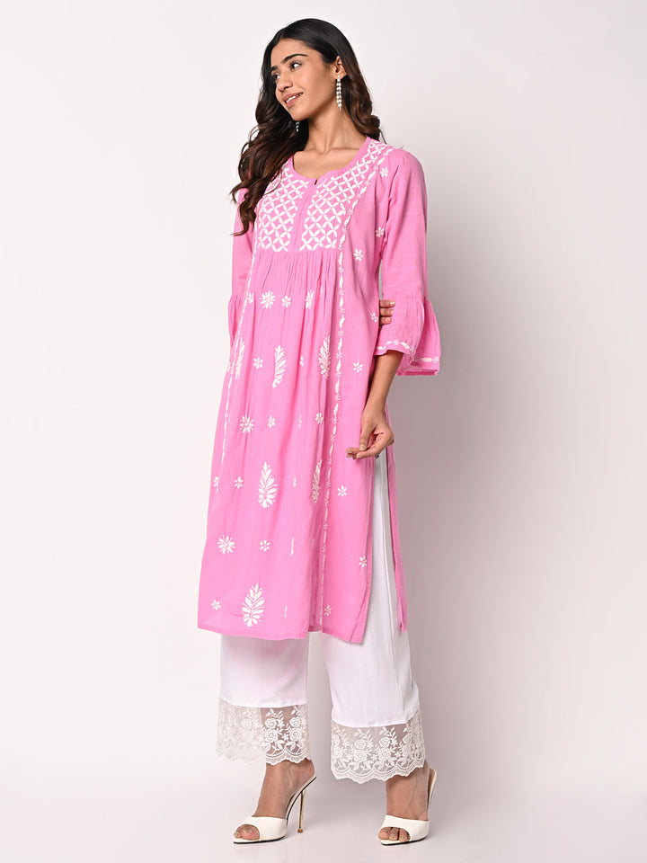 anokherang Combos Pink Anarkali Chikankari Kurti with Palazzo