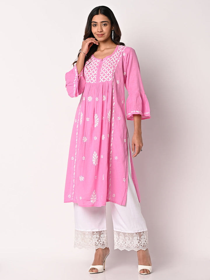 anokherang Combos Pink Anarkali Chikankari Kurti with Palazzo