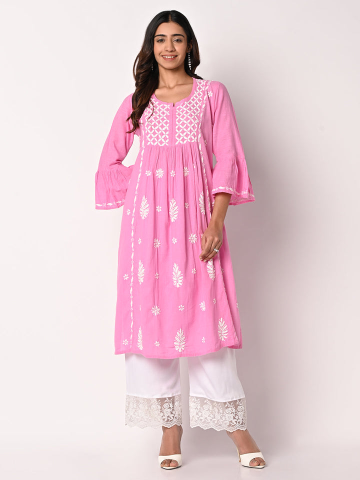 anokherang Combos Pink Anarkali Chikankari Kurti with Palazzo