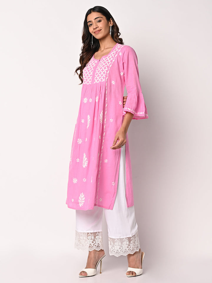 anokherang Combos Pink Anarkali Chikankari Kurti with Palazzo