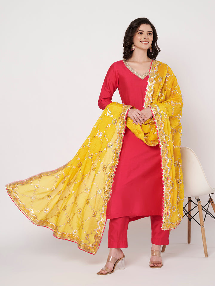 anokherang Combos Pink Chamak Challo Silk Kurti with Pants and Yellow Gotta Dupatta