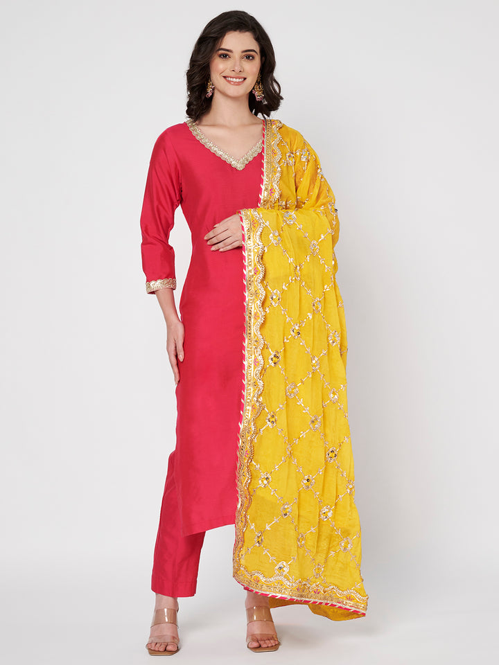 anokherang Combos Pink Chamak Challo Silk Kurti with Pants and Yellow Gotta Dupatta