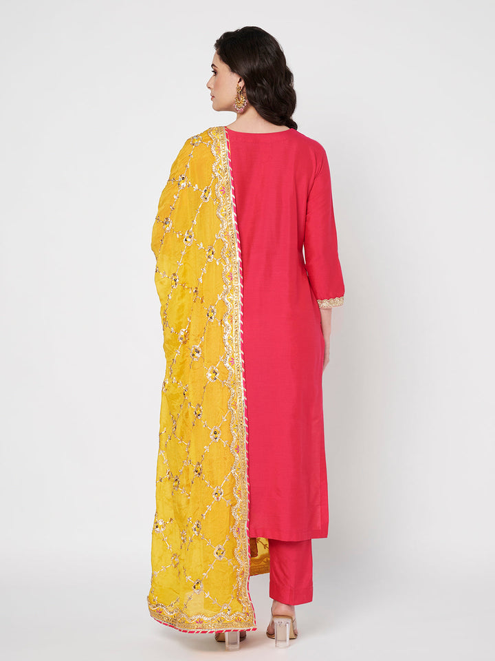 anokherang Combos Pink Chamak Challo Silk Kurti with Pants and Yellow Gotta Dupatta