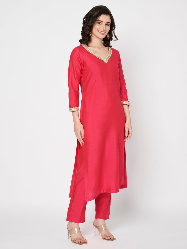 anokherang Combos Pink Chamak Challo Silk Kurti with Pants and Yellow Gotta Dupatta