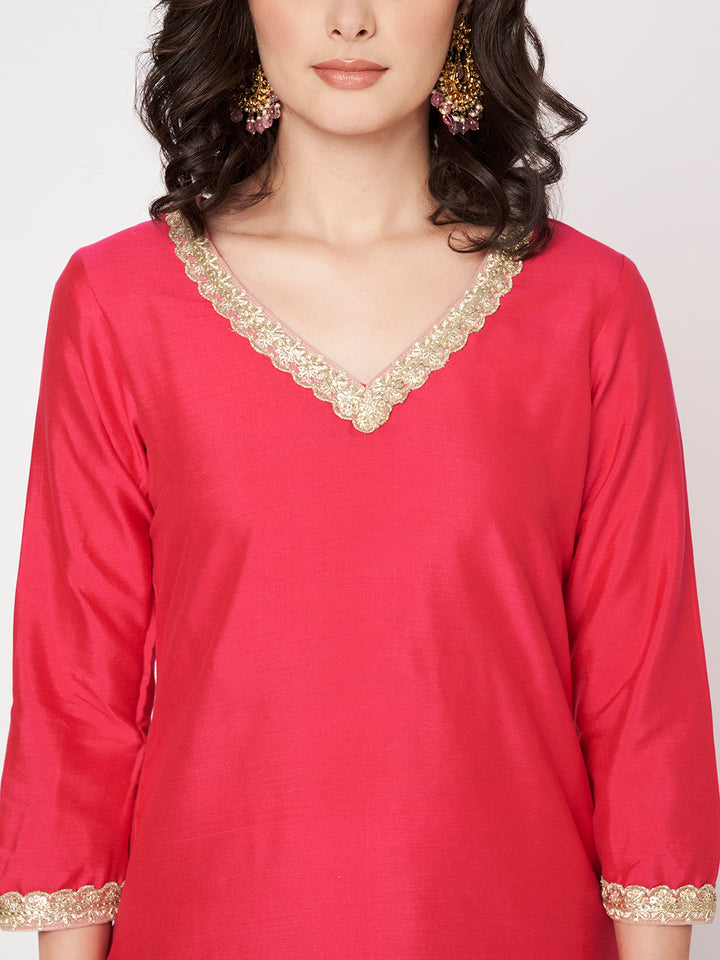 anokherang Combos Pink Chamak Challo Silk Kurti with Pants and Yellow Gotta Dupatta