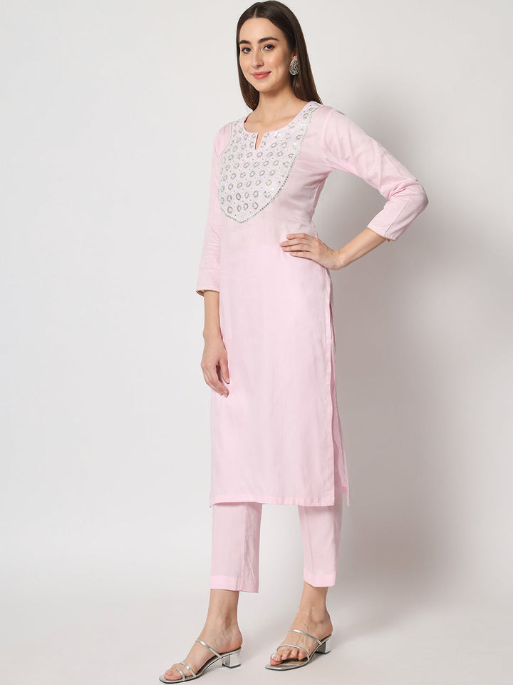 anokherang Combos Pink Delight Neck Embroidered Straight Kurti with Straight Pants