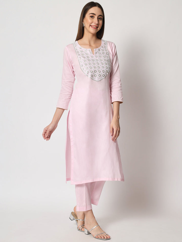 anokherang Combos Pink Delight Neck Embroidered Straight Kurti with Straight Pants