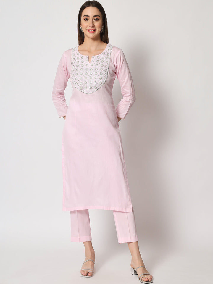 anokherang Combos Pink Delight Neck Embroidered Straight Kurti with Straight Pants