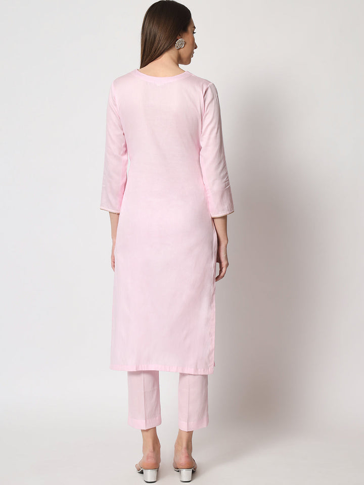 anokherang Combos Pink Delight Neck Embroidered Straight Kurti with Straight Pants