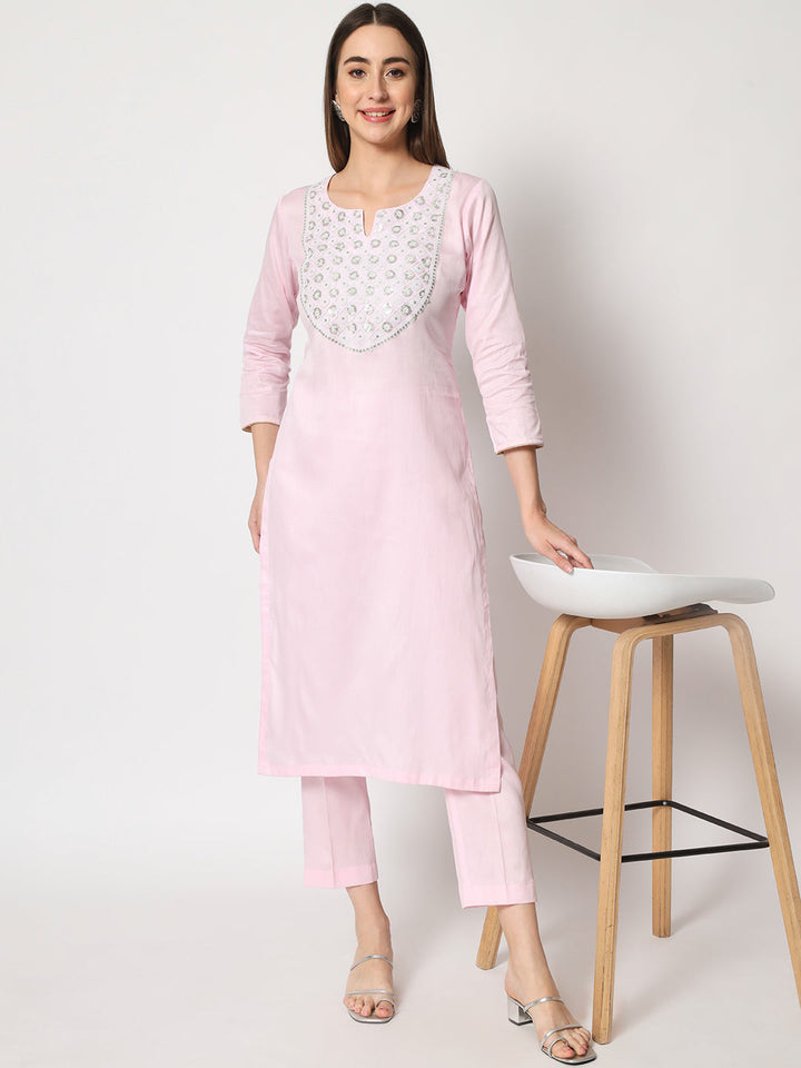 anokherang Combos Pink Delight Neck Embroidered Straight Kurti with Straight Pants