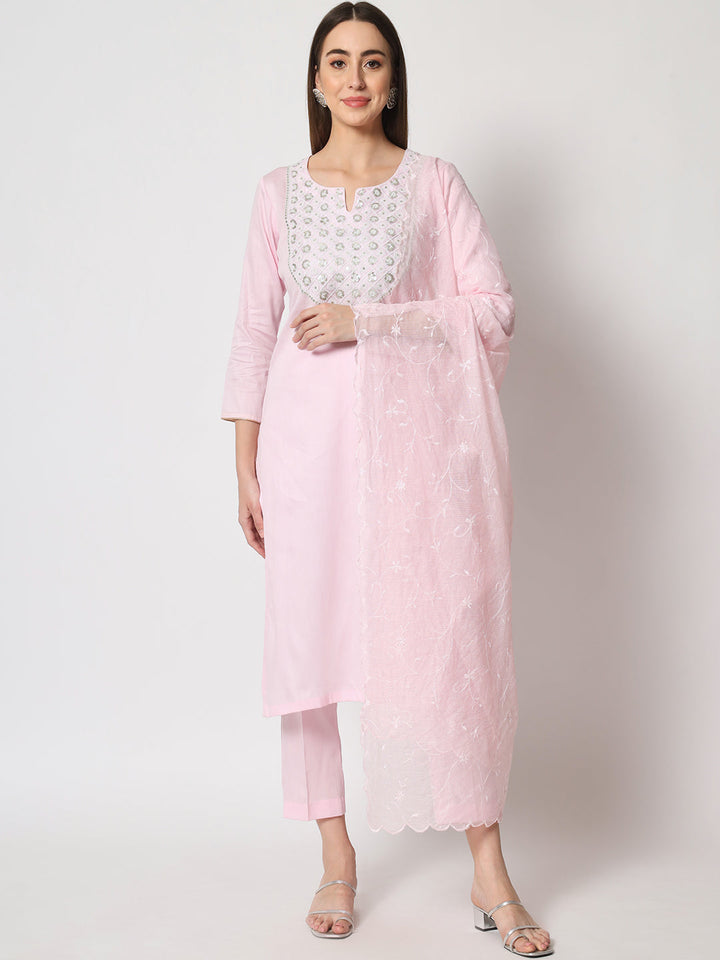 anokherang Combos Pink Delight Neck Embroidered Straight Kurti with Straight Pants and Thread embroidered Kota Dupatta