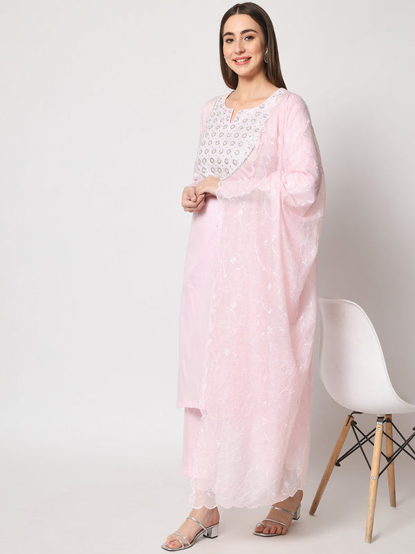 anokherang Combos Pink Delight Neck Embroidered Straight Kurti with Straight Pants and Thread embroidered Kota Dupatta