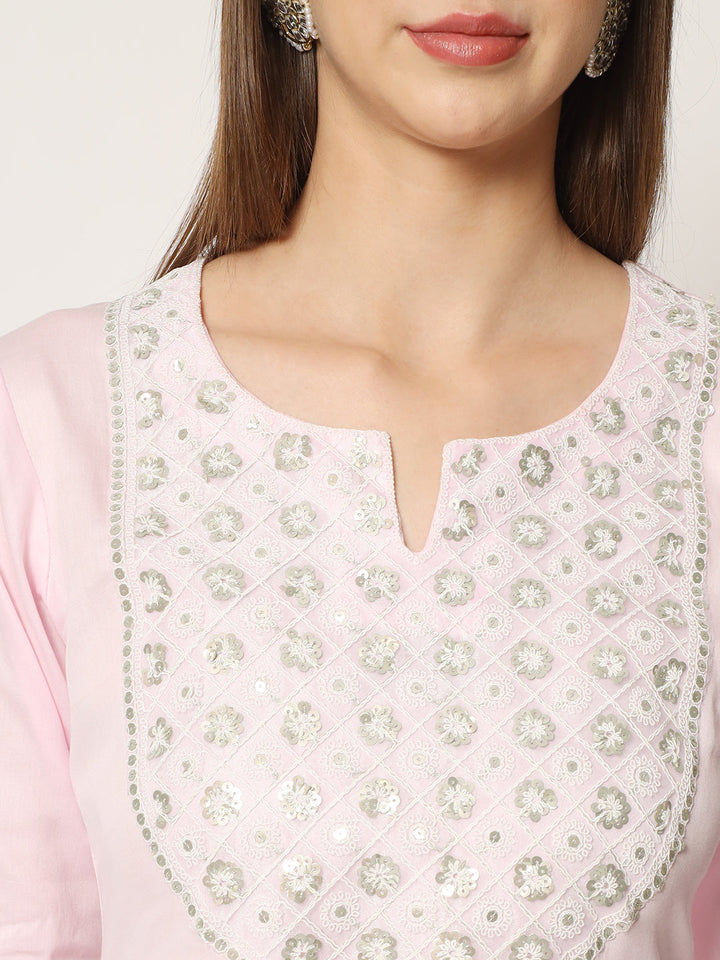 anokherang Combos Pink Delight Neck Embroidered Straight Kurti with Straight Pants and Thread embroidered Kota Dupatta