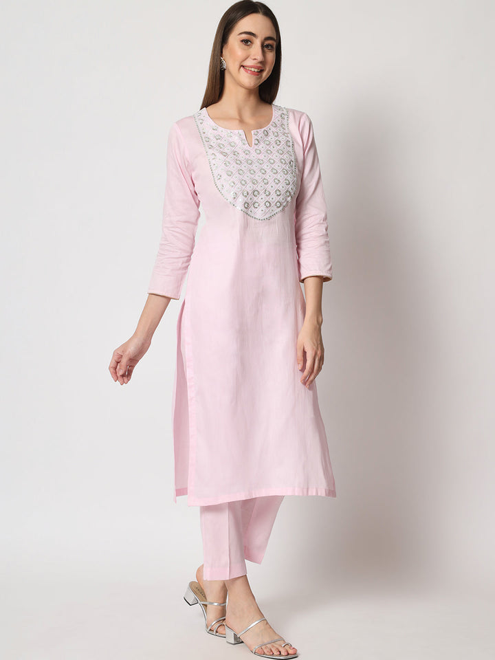 anokherang Combos Pink Delight Neck Embroidered Straight Kurti with Straight Pants and Thread embroidered Kota Dupatta