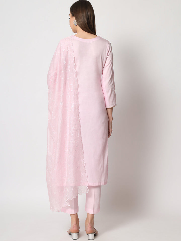 anokherang Combos Pink Delight Neck Embroidered Straight Kurti with Straight Pants and Thread embroidered Kota Dupatta