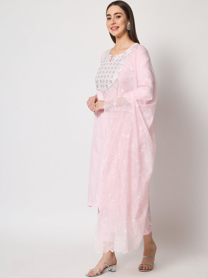 anokherang Combos Pink Delight Neck Embroidered Straight Kurti with Straight Pants and Thread embroidered Kota Dupatta