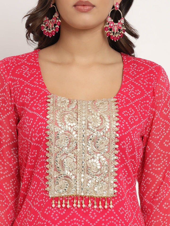 anokherang Combos Pink Georgette Bandhani Kurti with Sharara and Dupatta