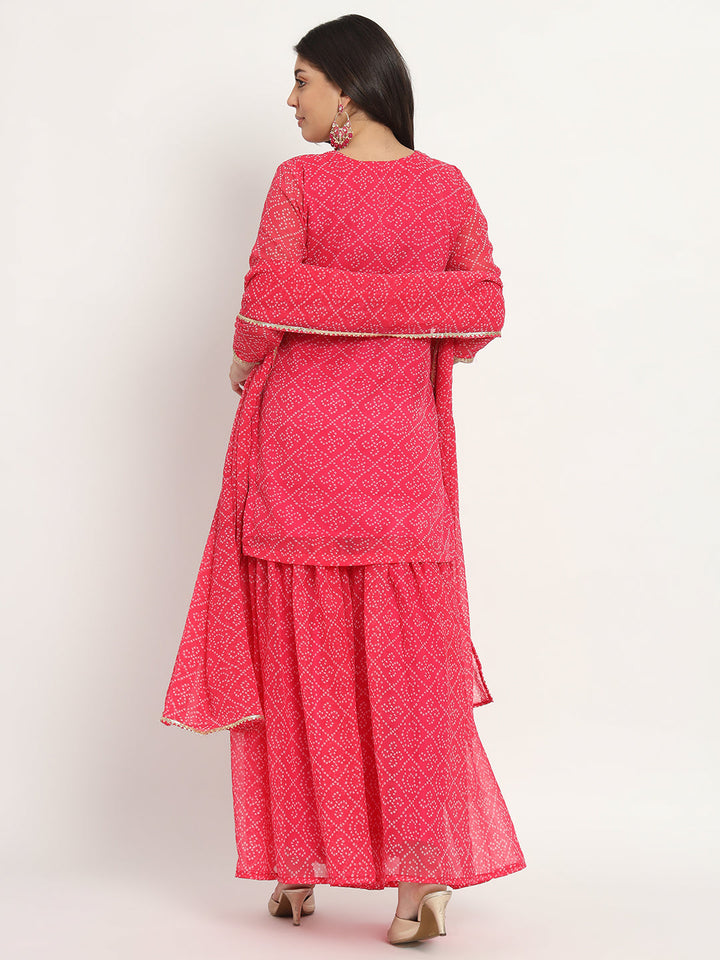 anokherang Combos Pink Georgette Bandhani Kurti with Sharara and Dupatta