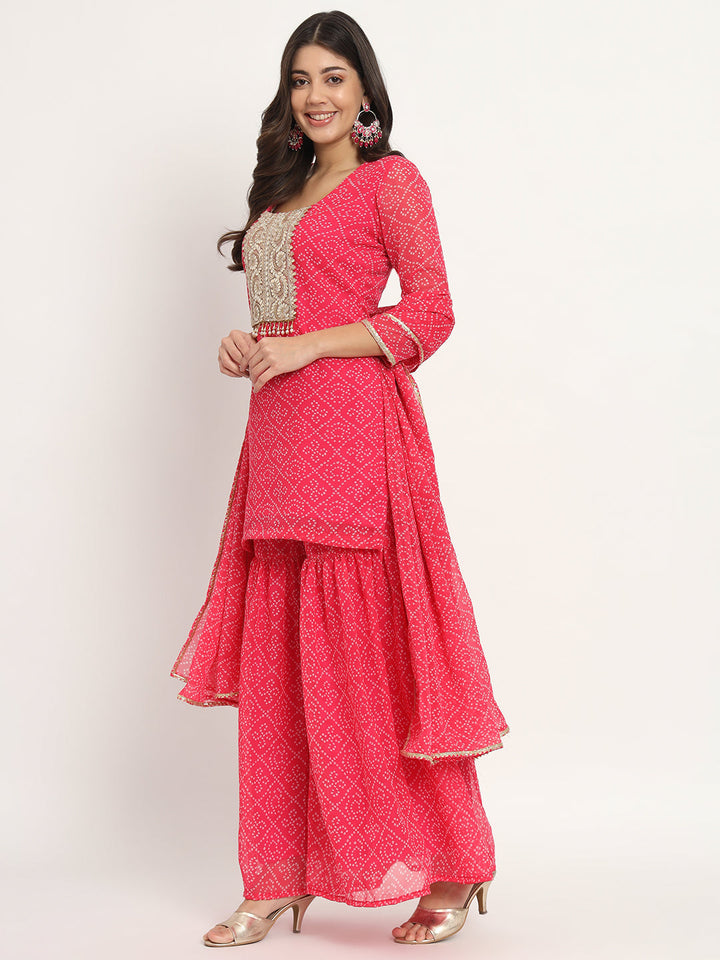 anokherang Combos Pink Georgette Bandhani Kurti with Sharara and Dupatta