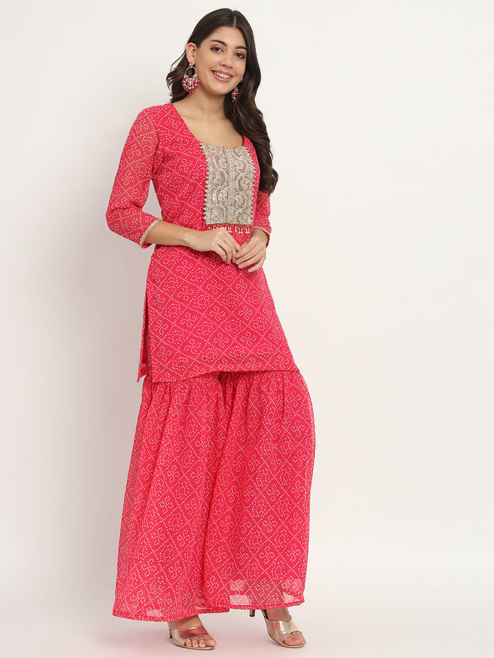 anokherang Combos Pink Georgette Bandhani Kurti with Sharara and Dupatta