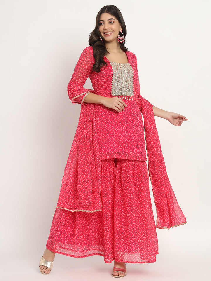 anokherang Combos Pink Georgette Bandhani Kurti with Sharara and Dupatta