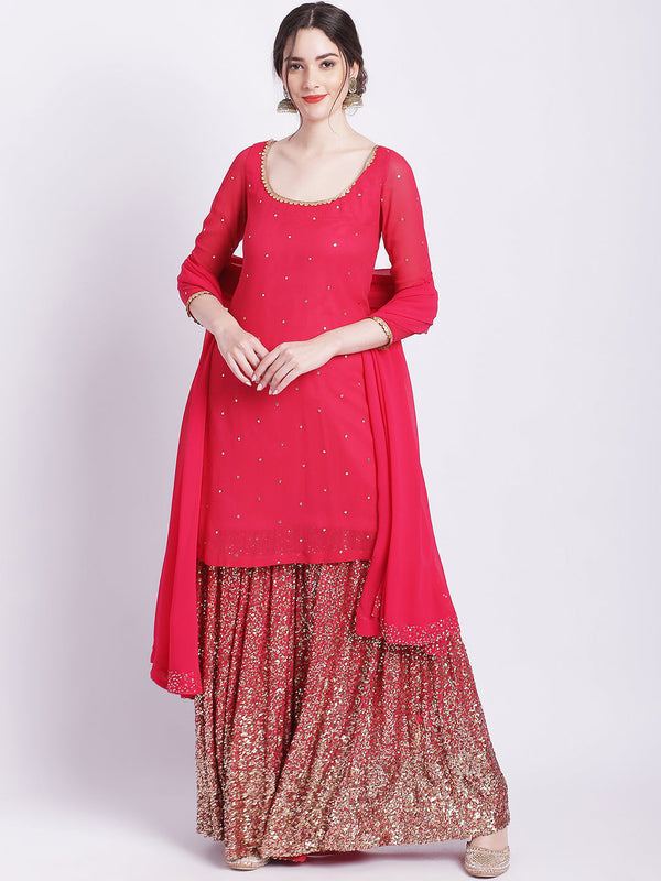 anokherang Combos Pink Glitz Embroidered Kurti with Sequin Sharara and Dupatta