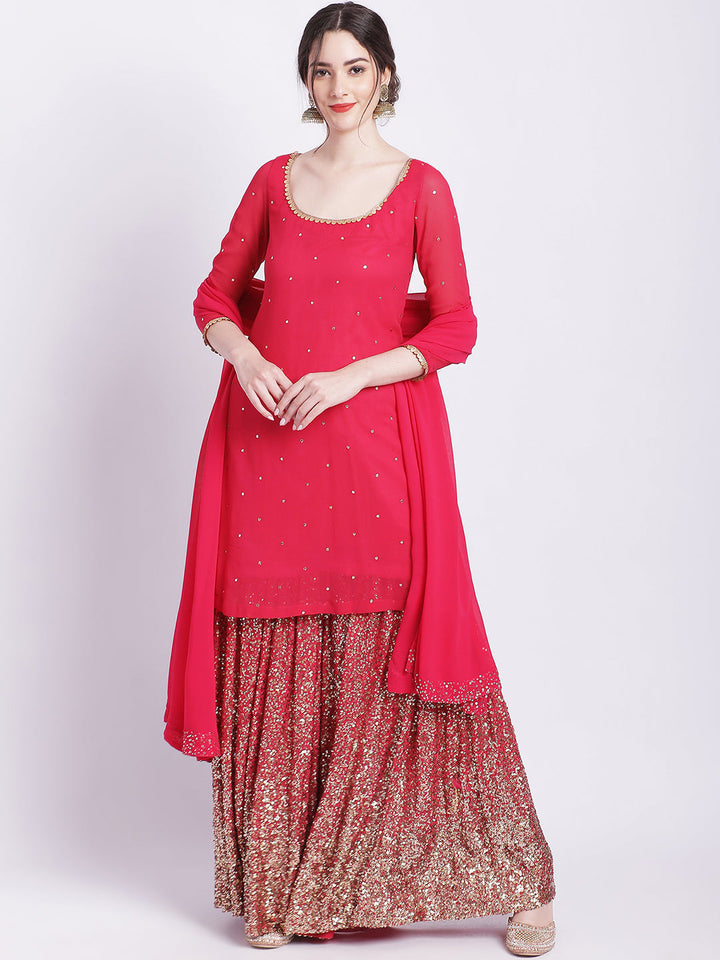 anokherang Combos Pink Glitz Embroidered Kurti with Sequin Sharara and Dupatta