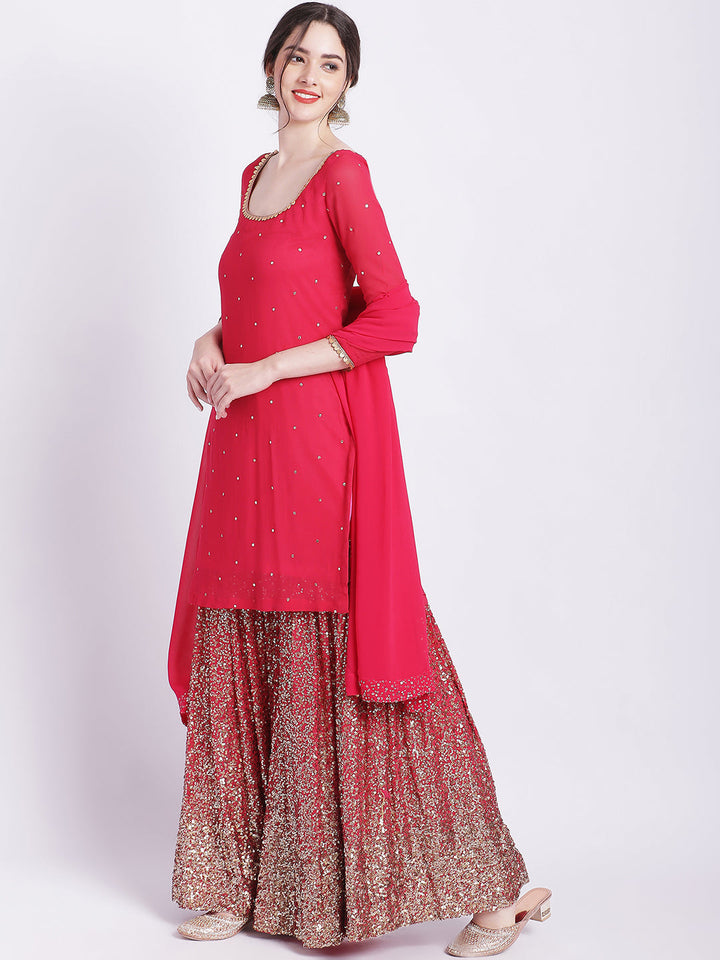 anokherang Combos Pink Glitz Embroidered Kurti with Sequin Sharara and Dupatta