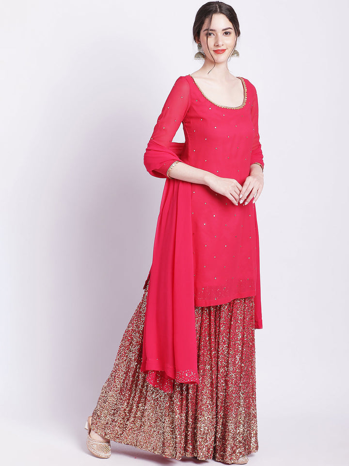 anokherang Combos Pink Glitz Embroidered Kurti with Sequin Sharara and Dupatta