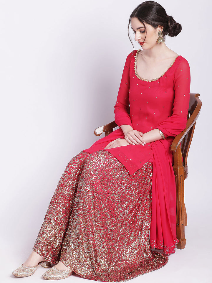 anokherang Combos Pink Glitz Embroidered Kurti with Sequin Sharara and Dupatta