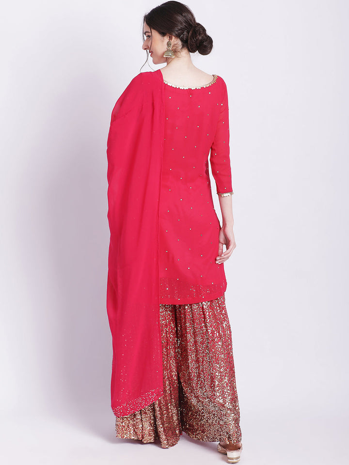 anokherang Combos Pink Glitz Embroidered Kurti with Sequin Sharara and Dupatta
