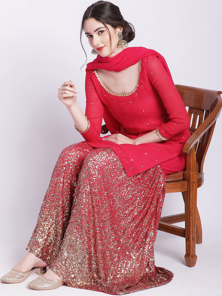 anokherang Combos Pink Glitz Embroidered Kurti with Sequin Sharara and Dupatta