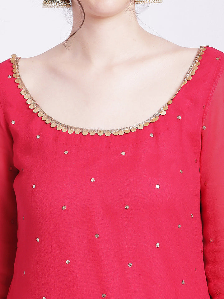 anokherang Combos Pink Glitz Embroidered Kurti with Sequin Sharara and Dupatta
