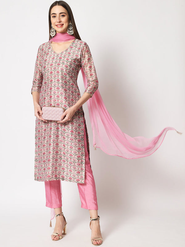 anokherang Combos Pink Lurex Floral Printed Silk Kurti with Straight Pants and Dupatta