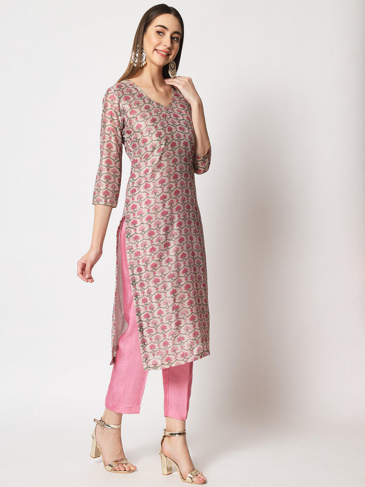 anokherang Combos Pink Lurex Floral Printed Silk Kurti with Straight Pants and Dupatta