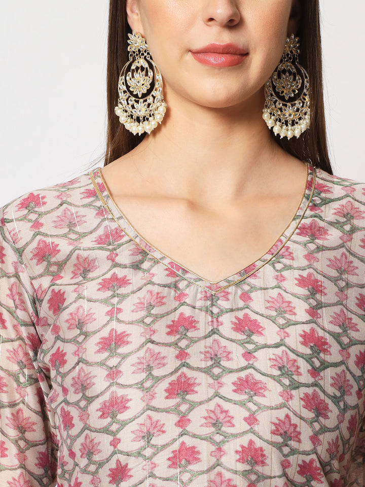 anokherang Combos Pink Lurex Floral Printed Silk Kurti with Straight Pants and Dupatta