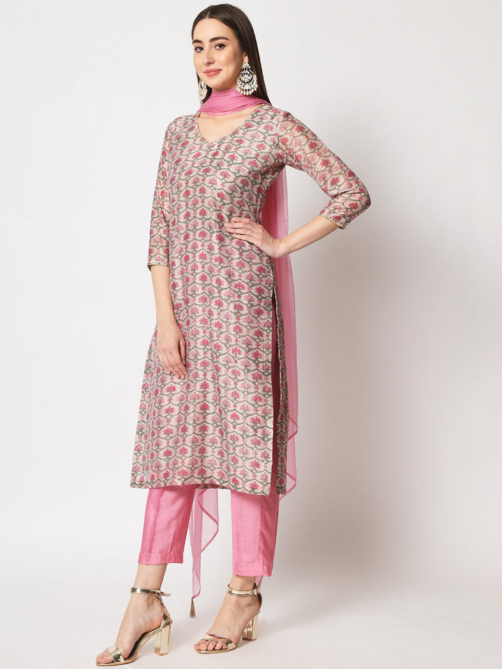 anokherang Combos Pink Lurex Floral Printed Silk Kurti with Straight Pants and Dupatta