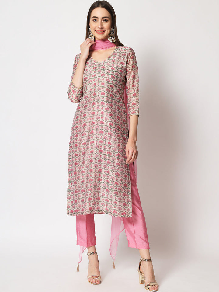 anokherang Combos Pink Lurex Floral Printed Silk Kurti with Straight Pants and Dupatta