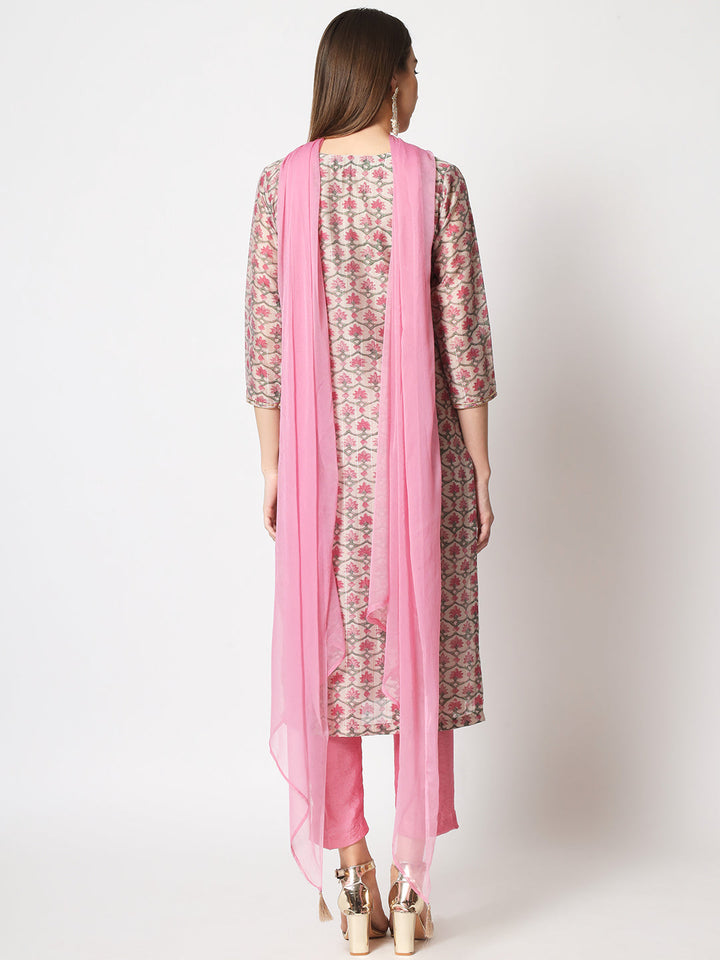 anokherang Combos Pink Lurex Floral Printed Silk Kurti with Straight Pants and Dupatta