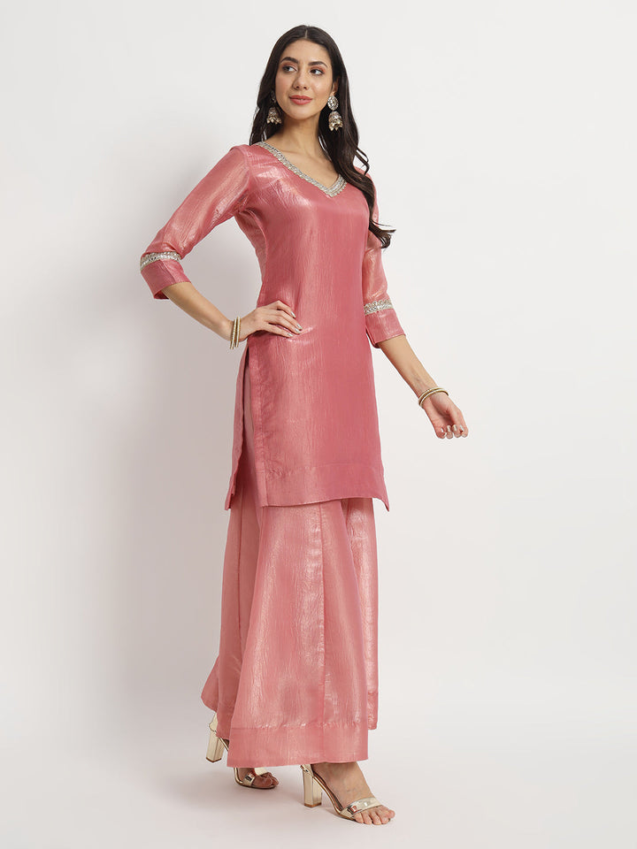 anokherang Combos Pink Petal Crushed Silk Kurti with Palazzo