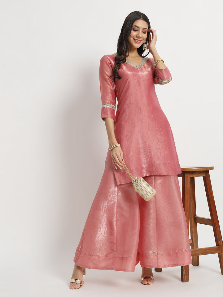 anokherang Combos Pink Petal Crushed Silk Kurti with Palazzo