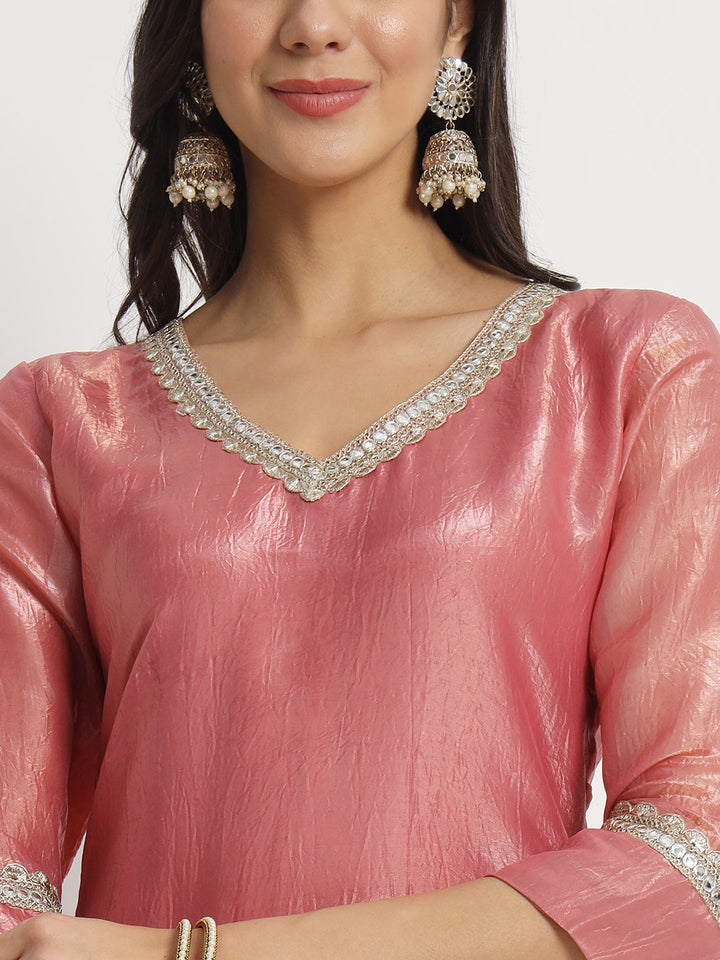 anokherang Combos Pink Petal Crushed Silk Kurti with Palazzo