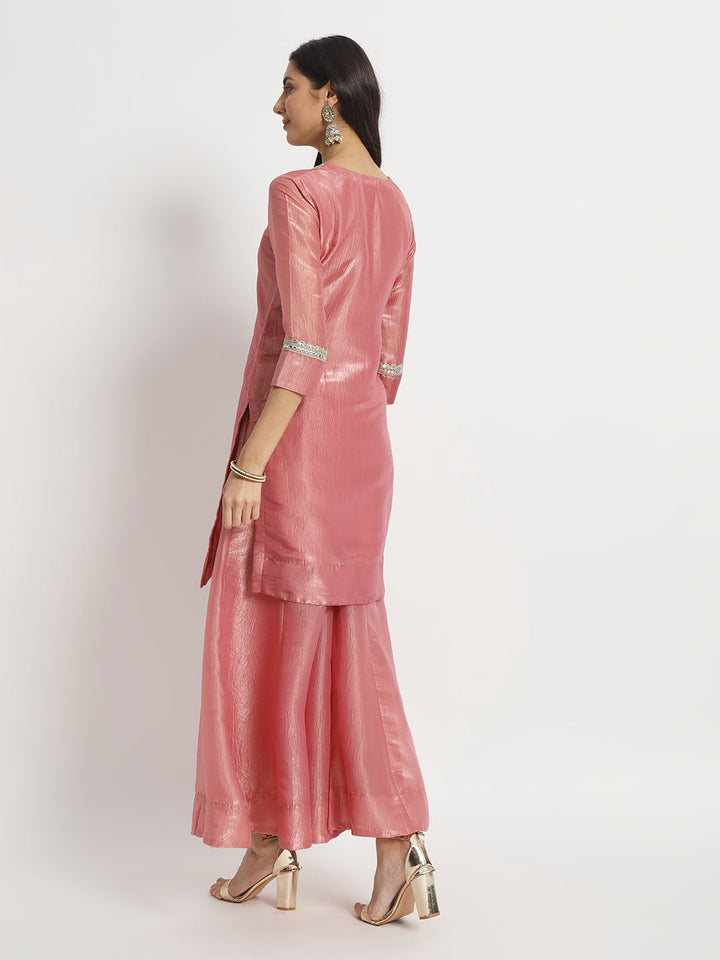 anokherang Combos Pink Petal Crushed Silk Kurti with Palazzo