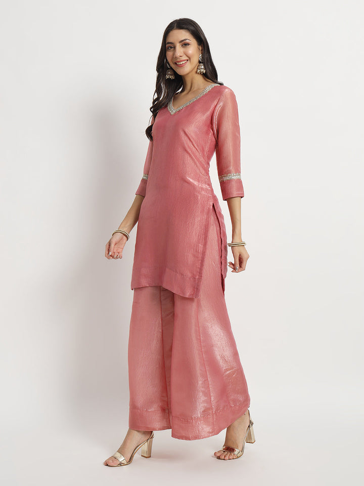 anokherang Combos Pink Petal Crushed Silk Kurti with Palazzo