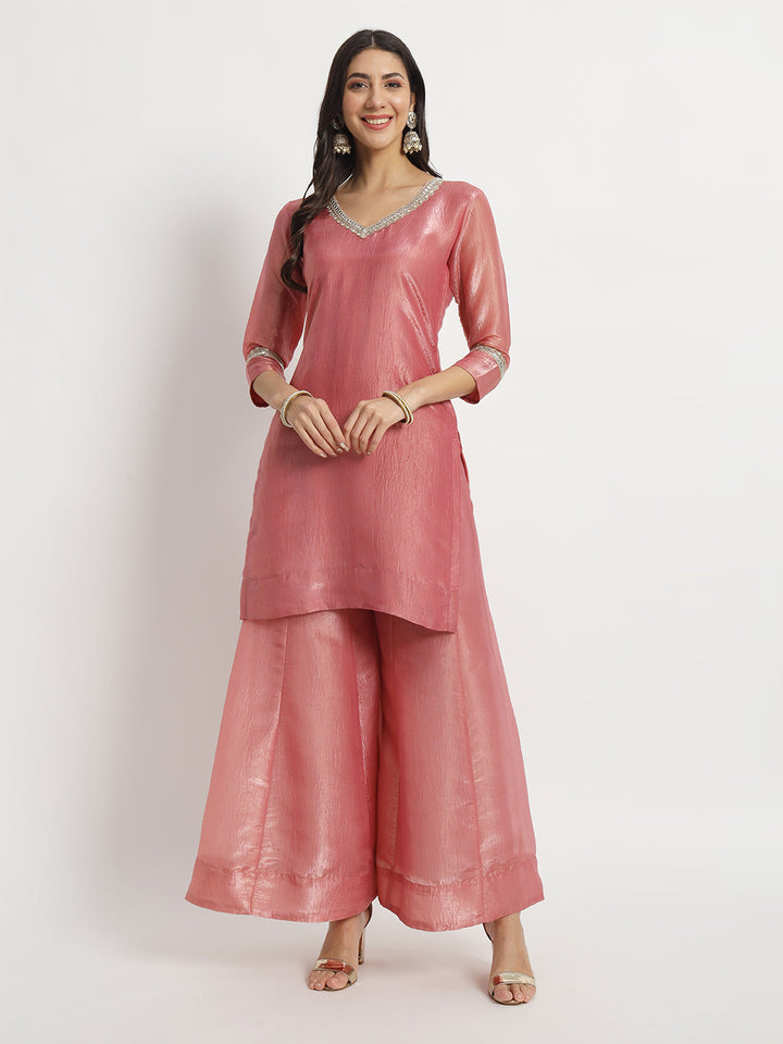 anokherang Combos Pink Petal Crushed Silk Kurti with Palazzo